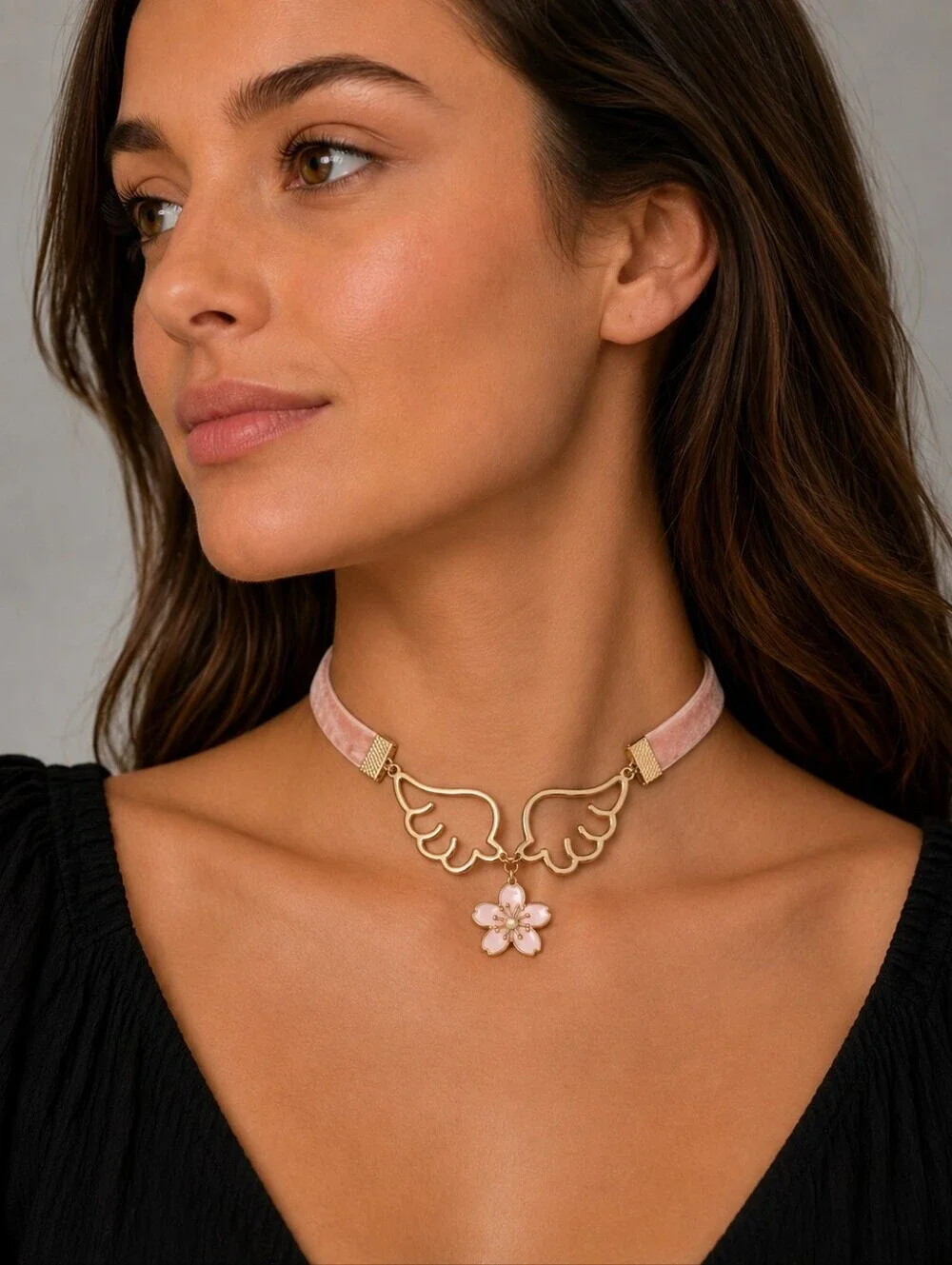 3/$30 VTG Velvet Pink Ribbon Angel Wings Floral Coquette Choker Necklace